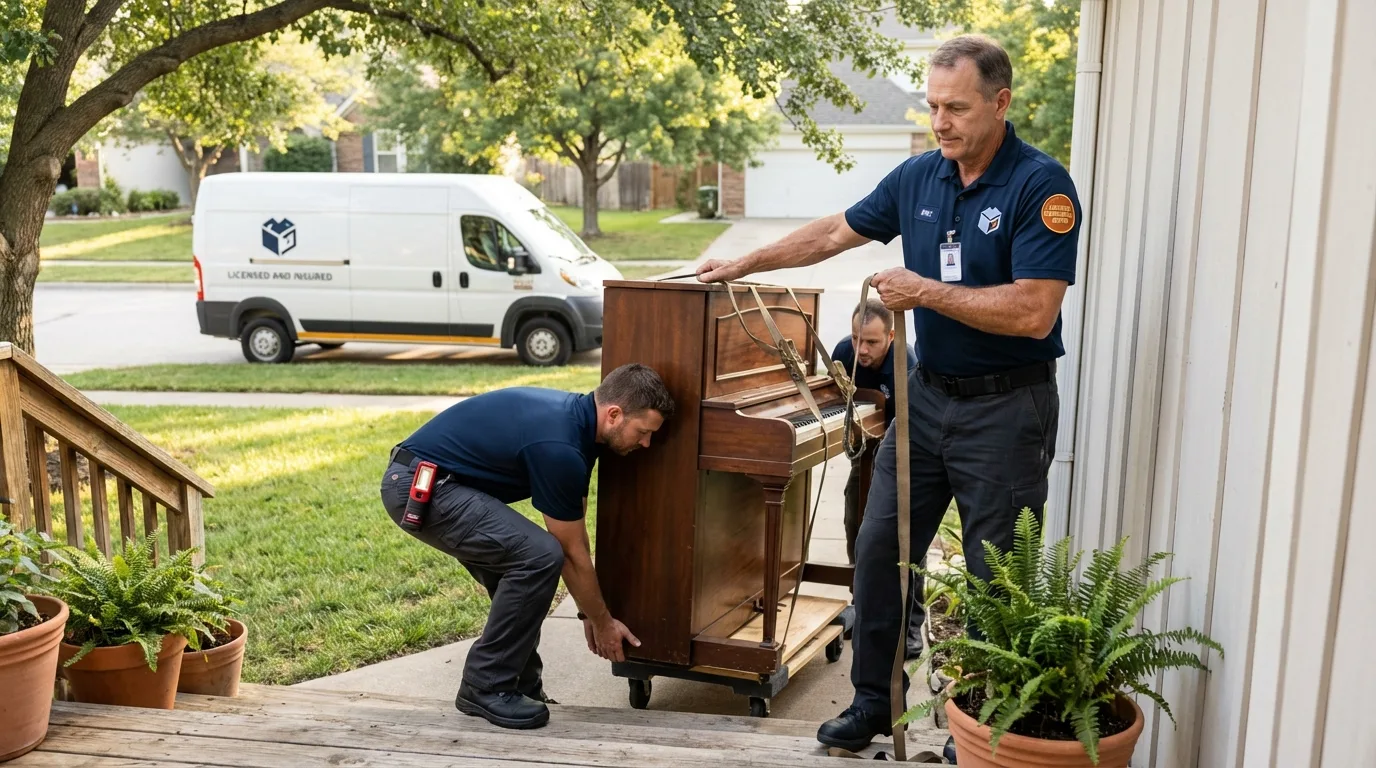 Licensed piano movers securing grand piano in San Miguel, CA