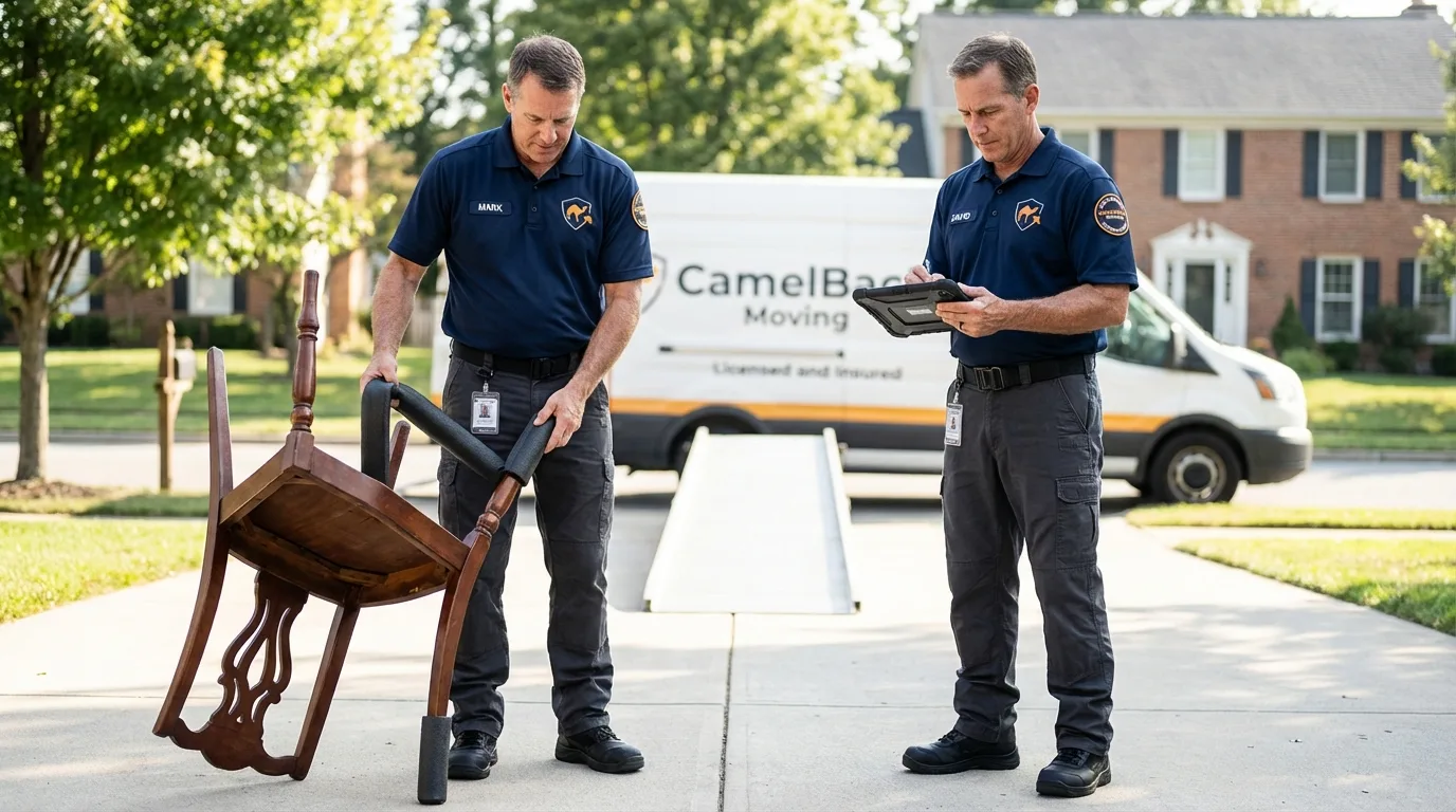 Movers inspecting furniture for damage prevention before loading in San Miguel, CA