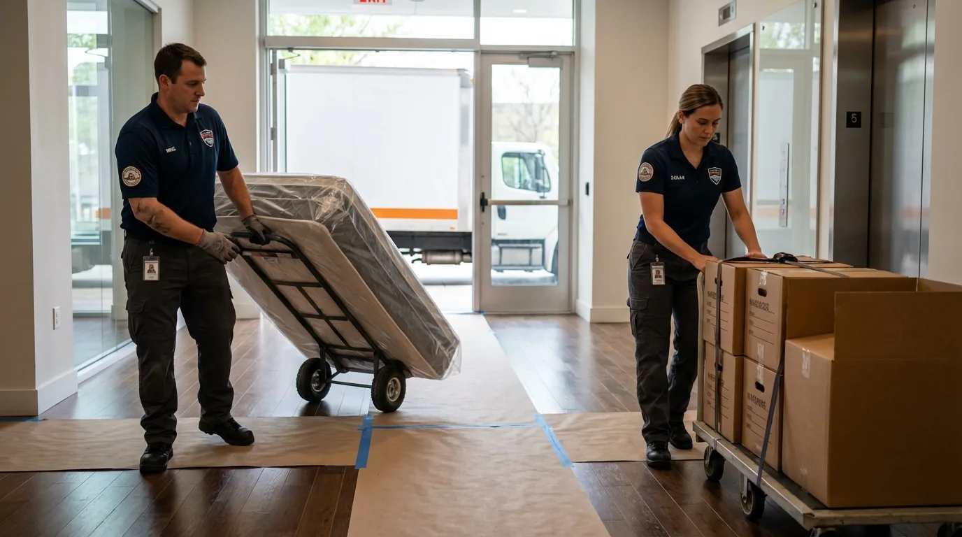 Professional apartment movers loading elevator in San Miguel, CA