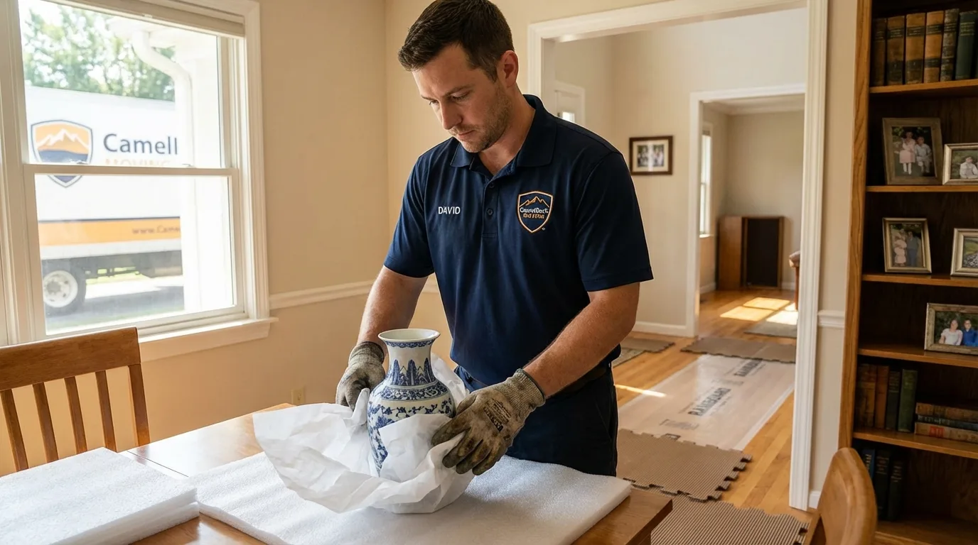 Professional crew carefully wrapping antique vase for senior downsizing move in San Miguel, CA