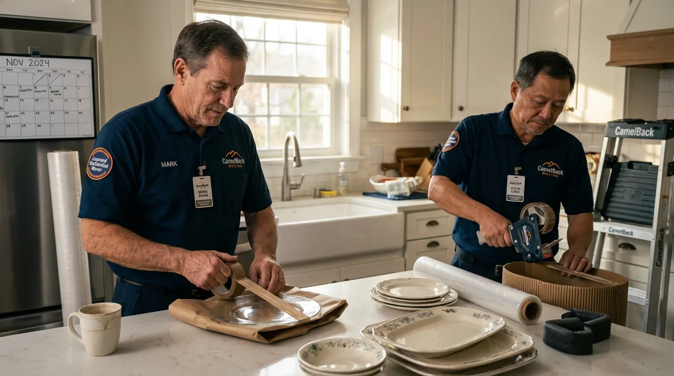Professional crew packing kitchen dishware in San Miguel, CA